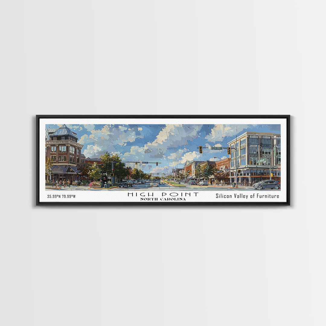 High Point North Carolina Panoramic Watercolor Painting, Urban Framed Canvas Print, Cityscape Wall Art for Office, Travel Decor, Home Gift Idea