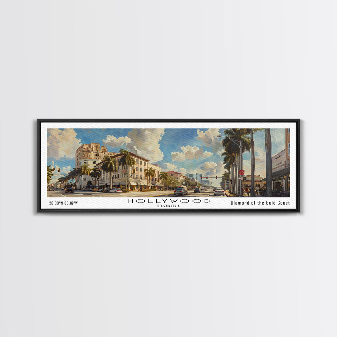 Hollywood Florida Panoramic Watercolor Painting, Urban Framed Canvas Print, Cityscape Wall Art for Living Room, Travel Poster, Home Decor, City Gift Idea