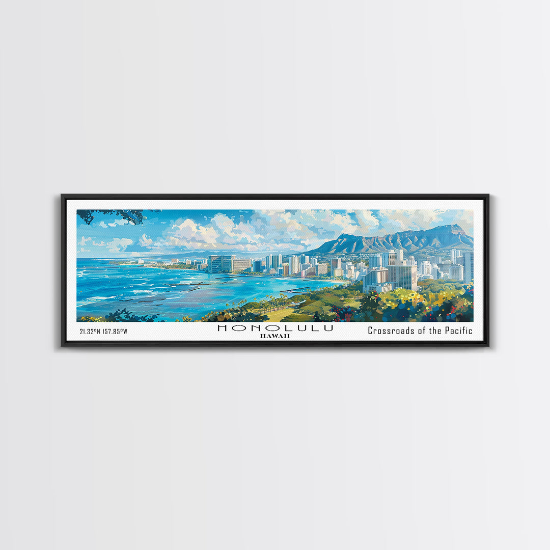 Honolulu Hawaii Panoramic Watercolor Painting, Urban Framed Canvas Print, Cityscape Wall Art for Living Room, Travel Poster, Home Decor, City Gift Idea