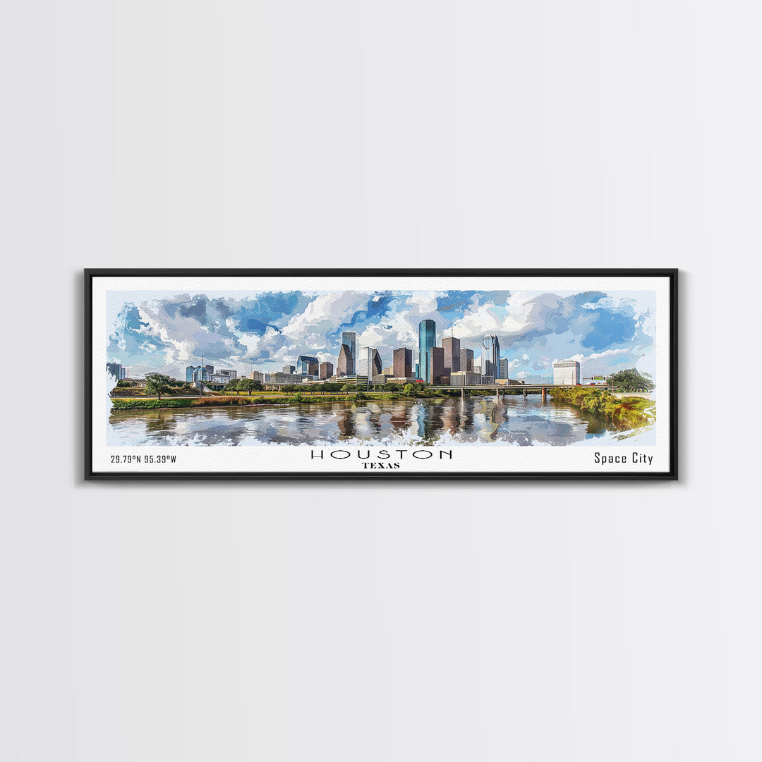 Houston Texas Panoramic Watercolor Painting, Urban Framed Canvas Print, Cityscape Wall Art for Living Room, Travel Poster, Home Decor, City Gift Idea