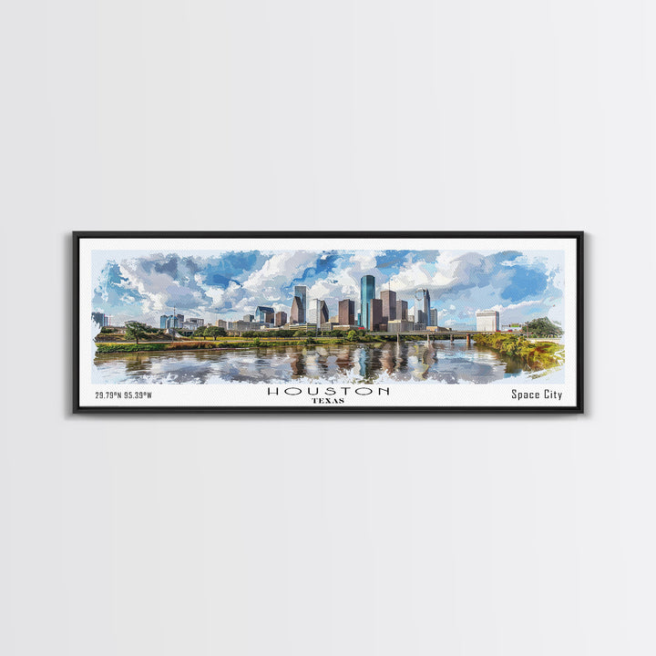 Houston Texas Panoramic Watercolor Painting, Urban Framed Canvas Print, Cityscape Wall Art for Living Room, Travel Poster, Home Decor, City Gift Idea
