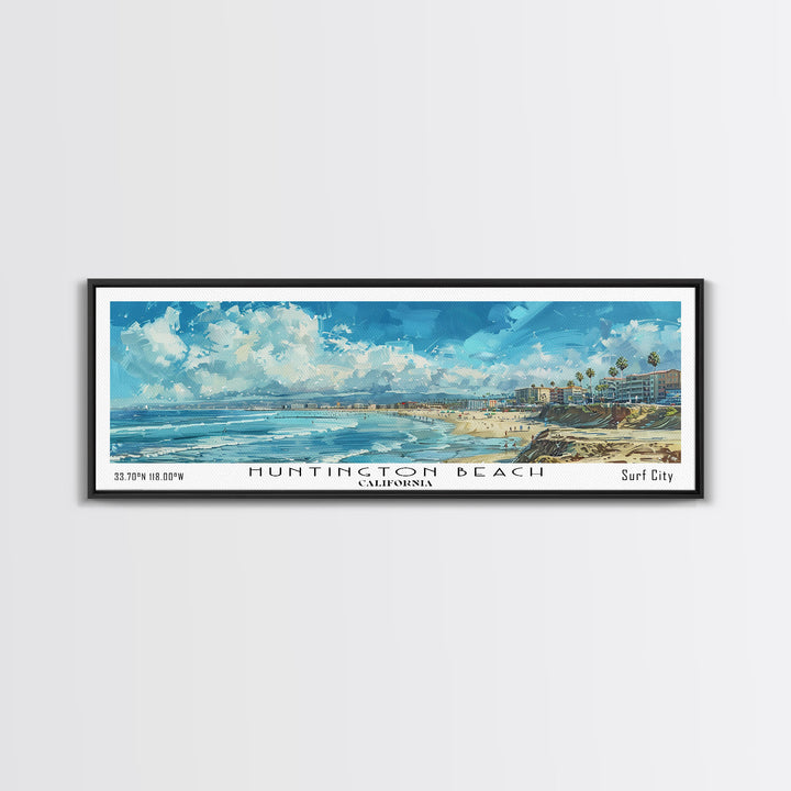 Huntington Beach California Panoramic Watercolor Painting, Urban Framed Canvas Print, Cityscape Wall Art for Office, Travel Decor, Home Gift Idea