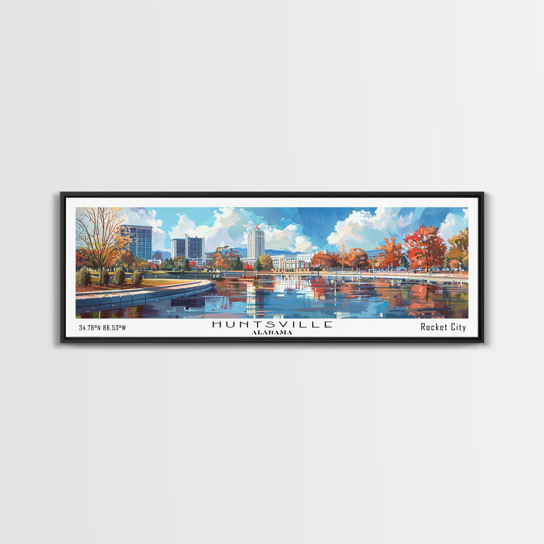 Huntsville Alabama Panoramic Watercolor Painting, Urban Framed Canvas Print, Cityscape Wall Art for Office, Travel Decor, Home Gift Idea