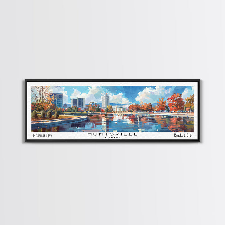Huntsville Alabama Panoramic Watercolor Painting, Urban Framed Canvas Print, Cityscape Wall Art for Office, Travel Decor, Home Gift Idea