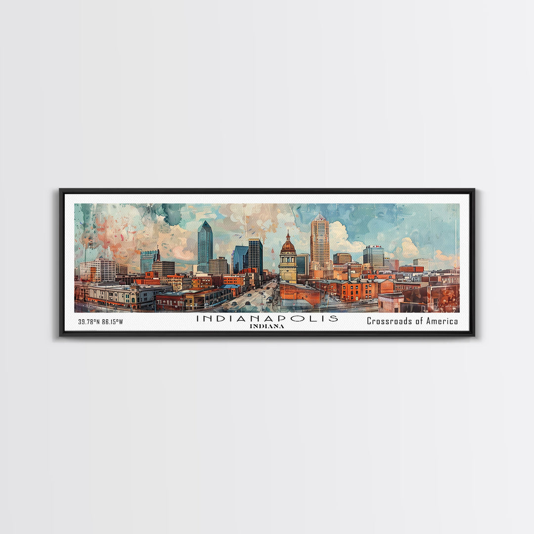 Indianapolis Indiana Panoramic Watercolor Painting, Urban Framed Canvas Print, Cityscape Wall Art for Office, Travel Decor, Home Gift Idea