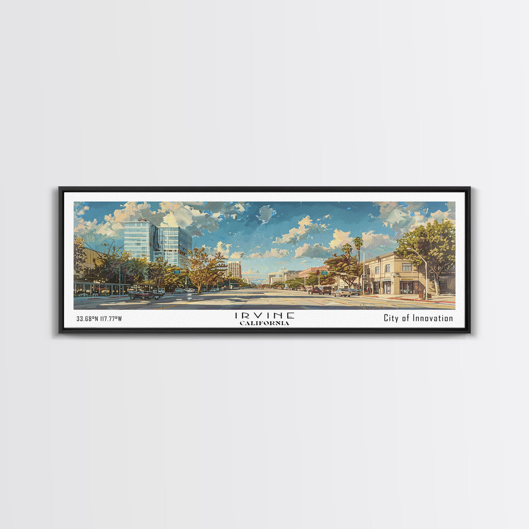 Irvine California Panoramic Cityscape Painting, Framed Canvas Print for Home, Office Wall Art, Urban Decor, Watercolor Travel Poster