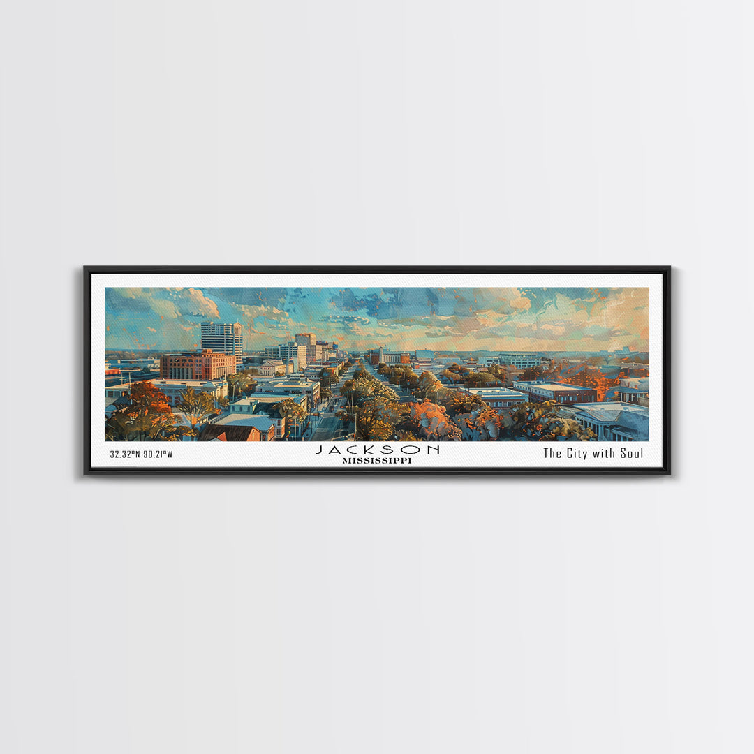Jackson Mississippi Watercolor Panoramic City Painting, Framed Canvas Print for Living Room, Office Wall Art, Urban Decor, Travel Poster