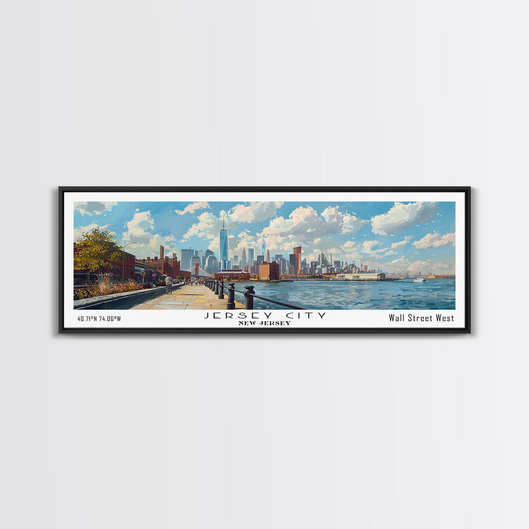 Jersey City New Jersey Panoramic Cityscape Painting, Framed Canvas Print, Urban Decor, Office Wall Art, Travel Poster, Watercolor Home Decoration