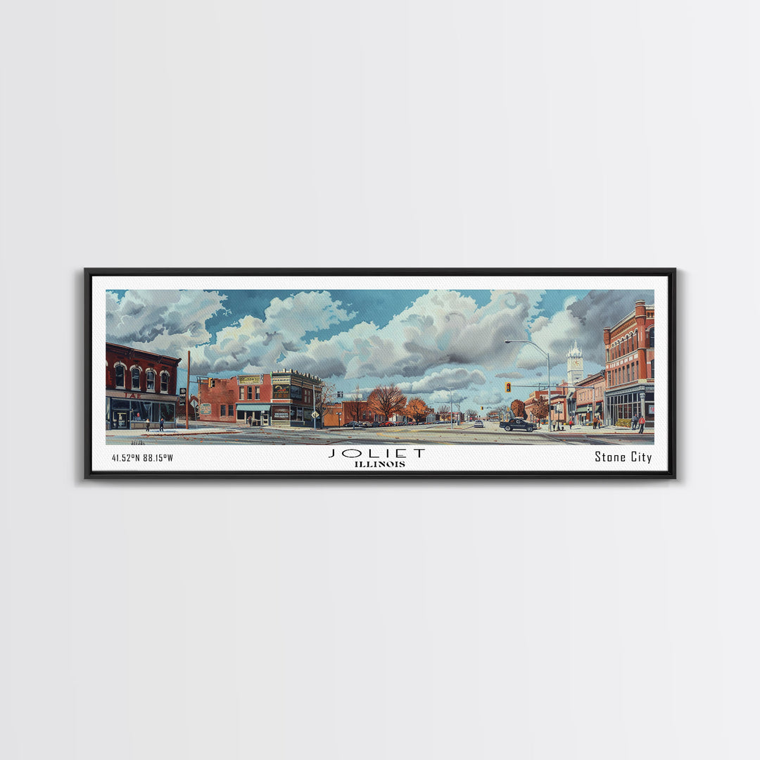 Joliet Illinois Panoramic Watercolor City Painting, Framed Canvas Print for Home, Office Wall Art, Urban Decor, Travel Poster