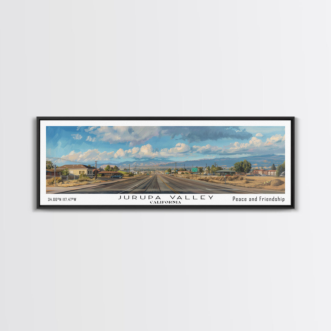 Jurupa Valley California Panoramic Cityscape Wall Art, Watercolor Framed Canvas Print, Urban Decor, Office Art, Travel Poster, Home Decoration