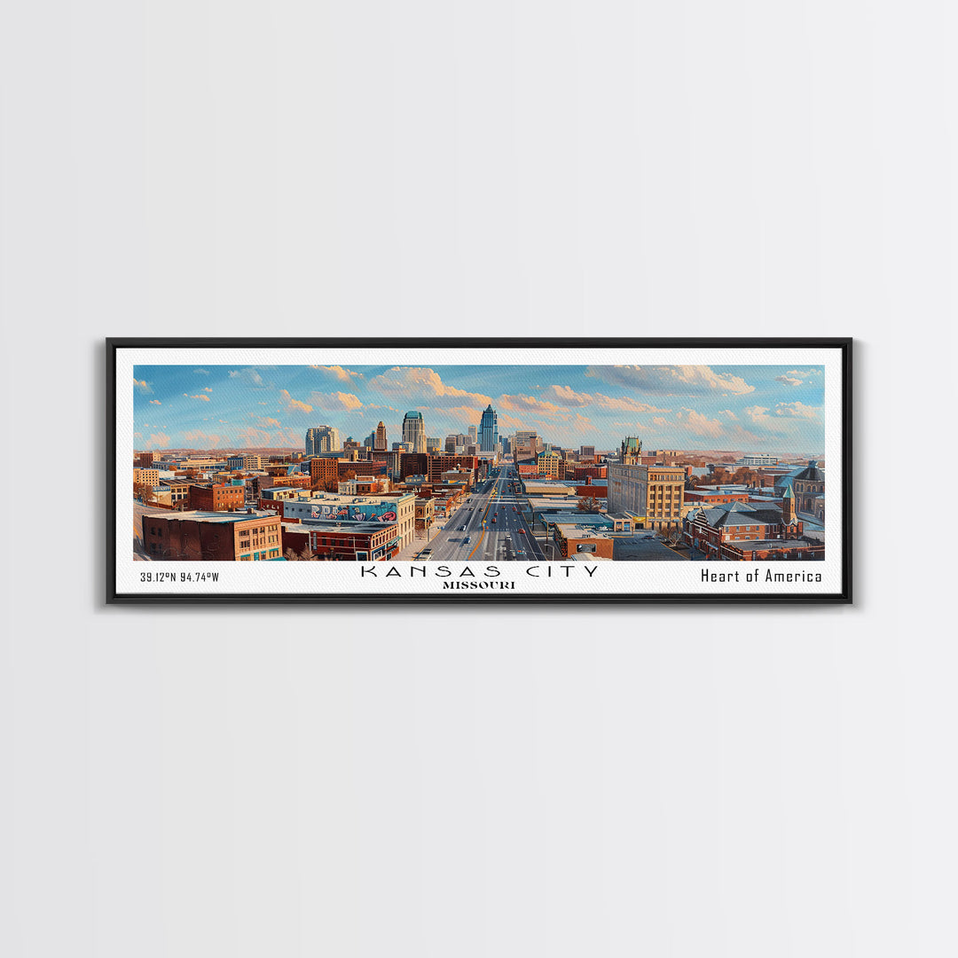 Kansas City Missouri Panoramic Cityscape Painting, Framed Canvas Print, Urban Decor, Office Wall Art, Watercolor Travel Poster, Home Decoration