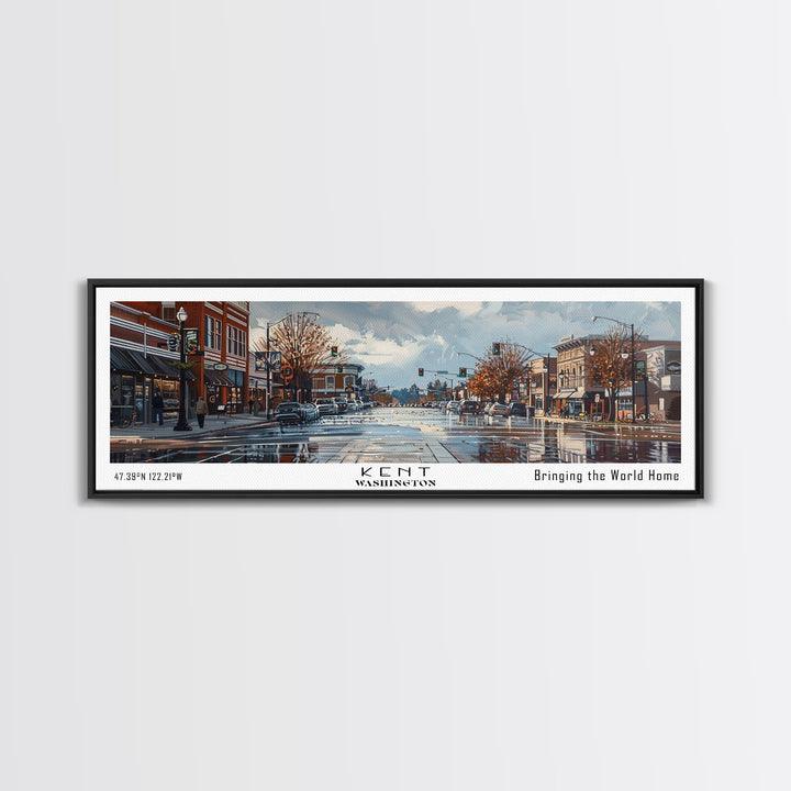 Kent Washington Panoramic Cityscape Wall Art, Watercolor Framed Canvas Print, Urban Painting for Living Room, Office Decor, Travel Poster