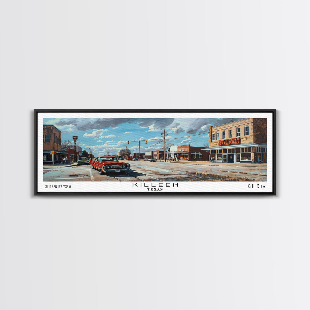 Killen Texas Panoramic Cityscape Wall Art, Watercolor Framed Canvas Print, Urban Painting for Living Room, Office Decor, Travel Poster