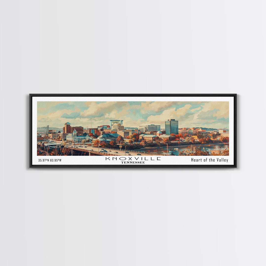 Knoxville Tennessee Panoramic Cityscape Wall Art, Watercolor Framed Canvas Print, Urban Painting for Living Room, Office Decor, Travel Poster