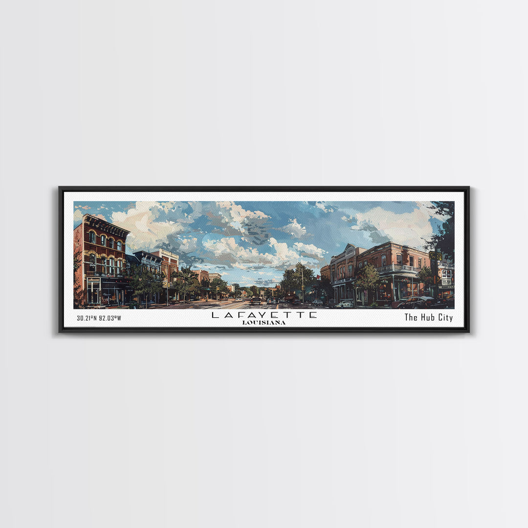Lafayette Louisiana Panoramic Watercolor Cityscape, Framed Canvas Print for Living Room, Office Wall Art, Urban Decor, Travel Poster