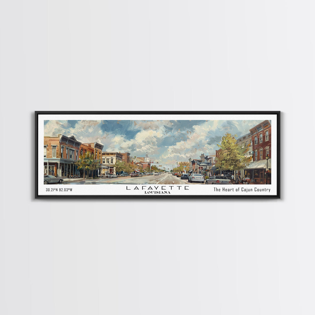 Lafayette Louisiana Panoramic Cityscape Wall Art, Watercolor Framed Canvas Print, Urban Painting for Living Room, Office Decor, Travel Poster