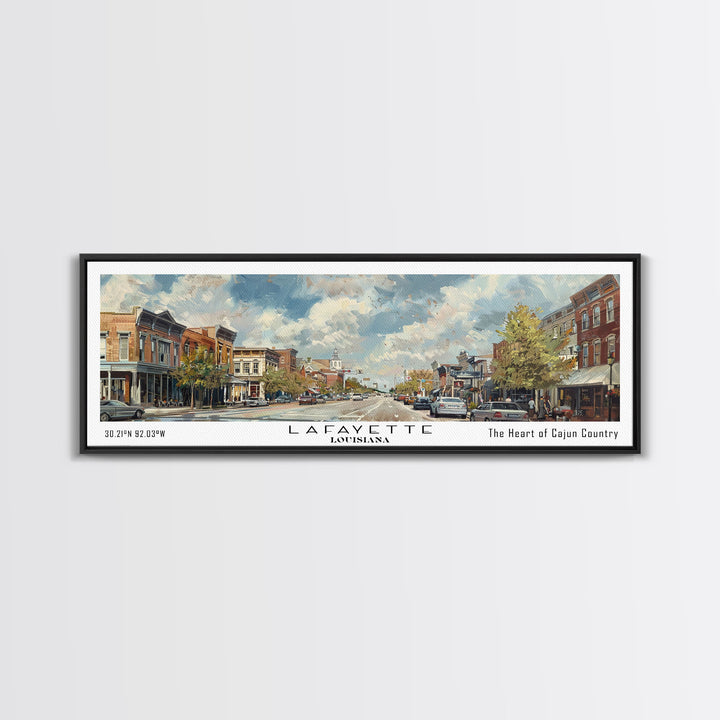 Lafayette Louisiana Panoramic Cityscape Wall Art, Watercolor Framed Canvas Print, Urban Painting for Living Room, Office Decor, Travel Poster