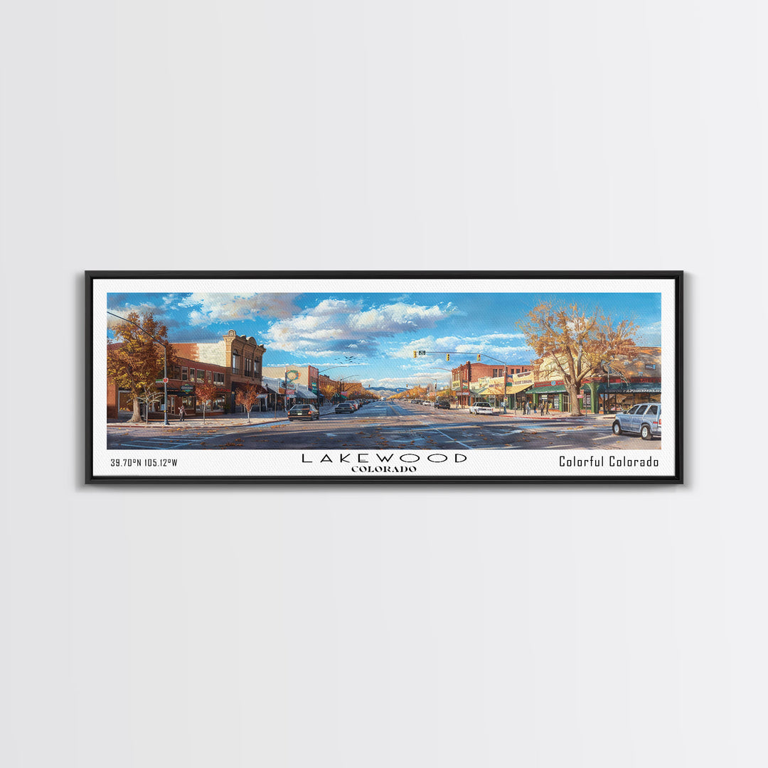 Lakewood Colorado Panoramic Cityscape Wall Art, Watercolor Framed Canvas Print, Urban Painting for Living Room, Office Decor, Travel Poster