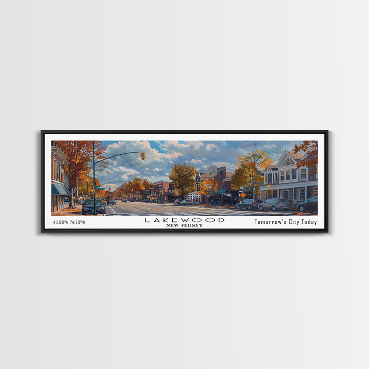 Lakewood New Jersey Panoramic Watercolor Cityscape, Framed Canvas Print for Living Room, Office Wall Art, Urban Decor, Travel Poster