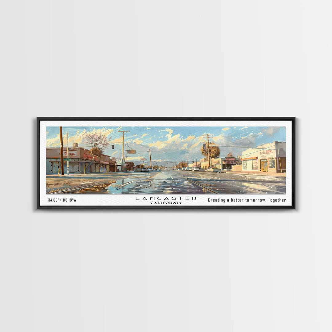 Lancaster California Panoramic Cityscape Wall Art, Watercolor Framed Canvas Print, Urban Painting for Living Room, Office Decor, Travel Poster
