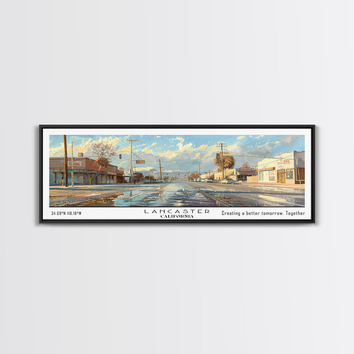 Lancaster California Panoramic Cityscape Wall Art, Watercolor Framed Canvas Print, Urban Painting for Living Room, Office Decor, Travel Poster