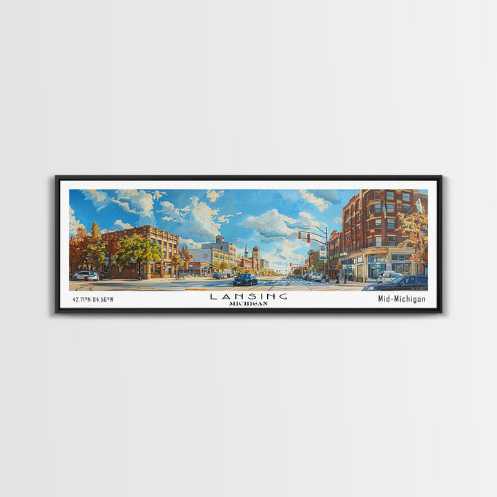 Lansing Michigan Panoramic Cityscape Wall Art, Watercolor Framed Canvas Print, Urban Painting for Living Room, Office Decor, Travel Poster
