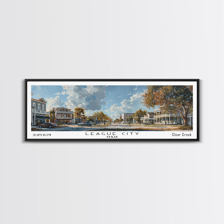 League City Texas Panoramic Cityscape Wall Art, Watercolor Framed Canvas Print, Urban Painting for Living Room, Office Decor, Travel Poster