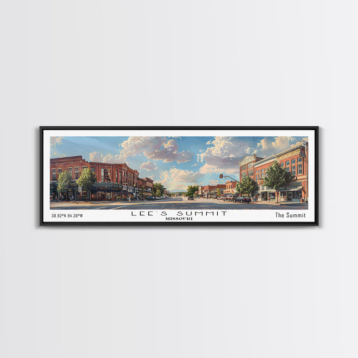 Lees Summit Missouri Panoramic Watercolor Cityscape, Framed Canvas Print for Living Room, Office Wall Art, Urban Decor, Travel Poster