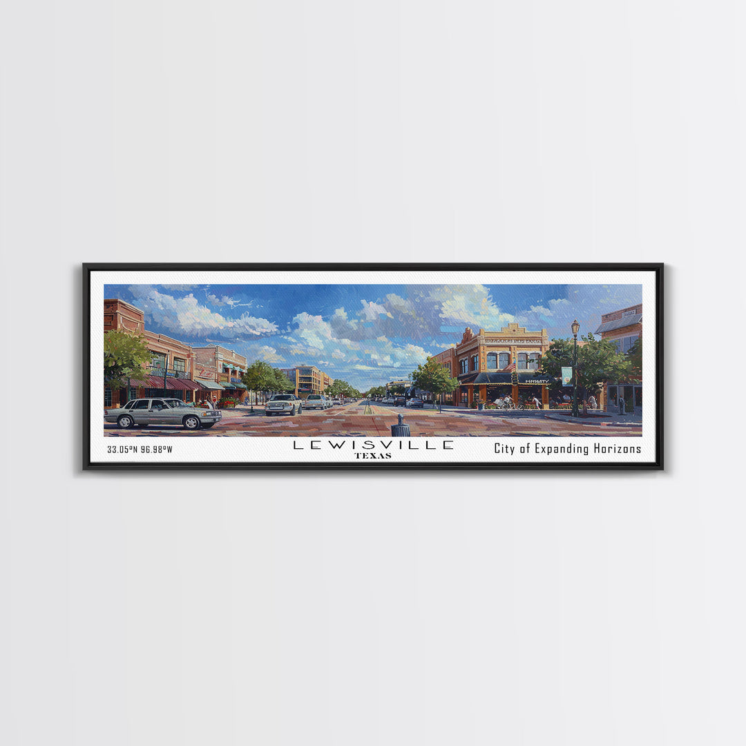 Lewisville Texas Panoramic Cityscape Painting, Framed Canvas Print, Urban Decor, Office Wall Art, Watercolor Travel Poster, Home Decoration