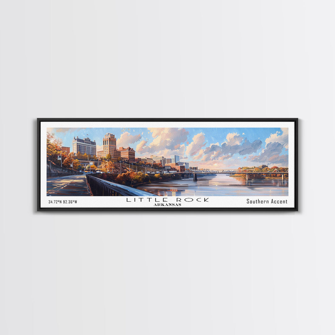 Little Rock Arkansas Panoramic Watercolor Cityscape, Framed Canvas Print for Living Room, Office Wall Art, Urban Decor, Travel Poster