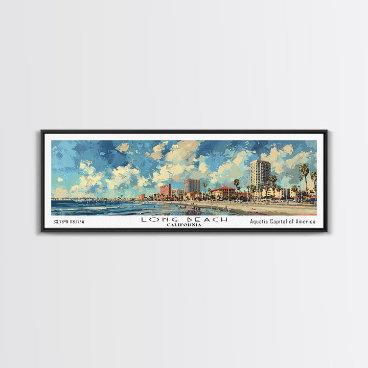 Long Beach California Panoramic Cityscape Painting, Framed Canvas Print, Urban Decor, Office Wall Art, Watercolor Travel Poster, Home Decoration