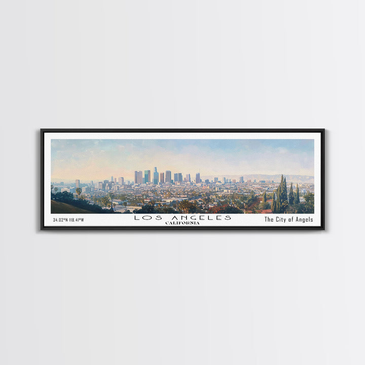Los Angeles California Panoramic Cityscape Wall Art, Watercolor Framed Canvas Print, Urban Painting for Living Room, Office Decor, Travel Poster
