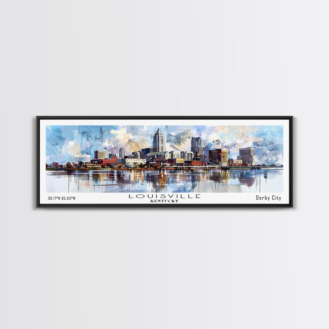 Louisville Kentucky Panoramic Cityscape Wall Art, Watercolor Framed Canvas Print, Urban Painting for Living Room, Office Decor, Travel Poster