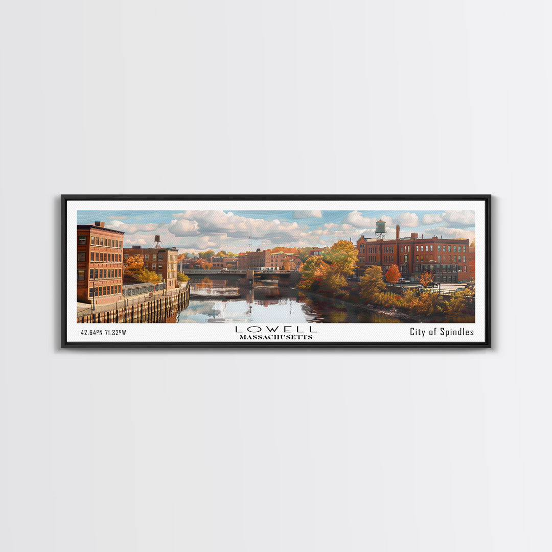 Lowell Massachusetts Panoramic Cityscape Wall Art, Watercolor Framed Canvas Print, Urban Painting for Living Room, Office Decor, Travel Poster