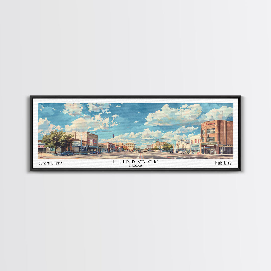 Lubbock Texas Panoramic Cityscape Wall Art, Watercolor Framed Canvas Print, Urban Painting for Living Room, Office Decor, Travel Poster