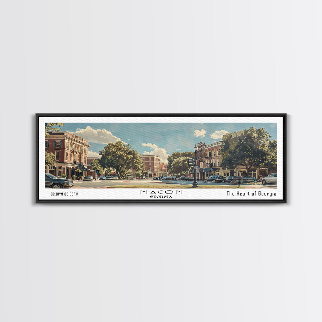 Macon Georgia Panoramic Watercolor Cityscape, Framed Canvas Print for Living Room, Office Wall Art, Urban Decor, Travel Poster
