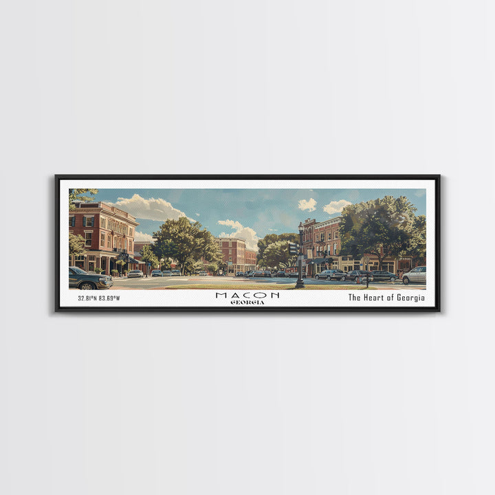 Macon Georgia Panoramic Watercolor Cityscape, Framed Canvas Print for Living Room, Office Wall Art, Urban Decor, Travel Poster