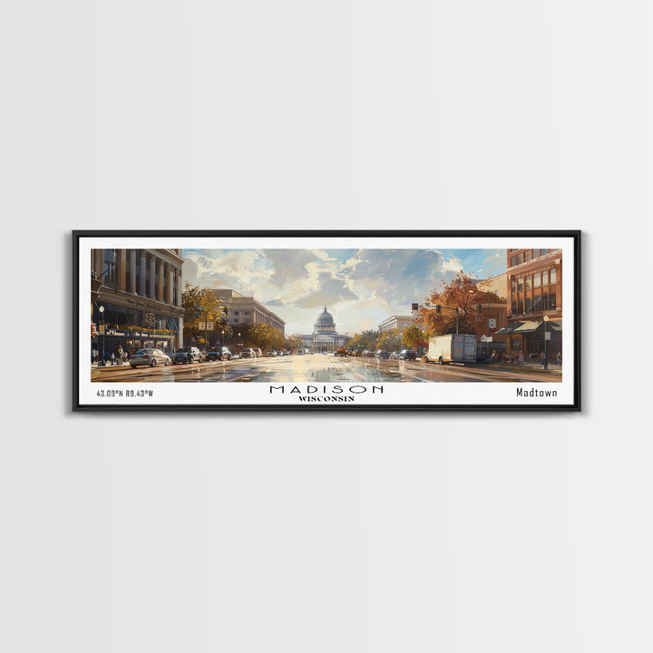 Madison Wisconsin Panoramic Framed Canvas Print, Stunning Watercolor Painting, City Wall Art, Office Decor, Living Room Art, Travel Poster