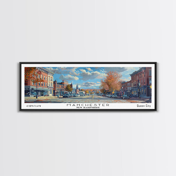 Manchester New Hampshire Panoramic Framed Canvas Print, Beautiful Watercolor Painting, City Wall Art, Office Decor, Living Room Art