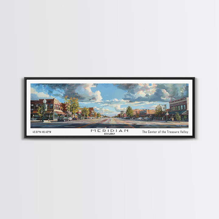 Meridian Idaho Panoramic Framed Canvas Print, Stunning Watercolor Art, Office Wall Decor, Travel Poster, Living Room Decor, City Print