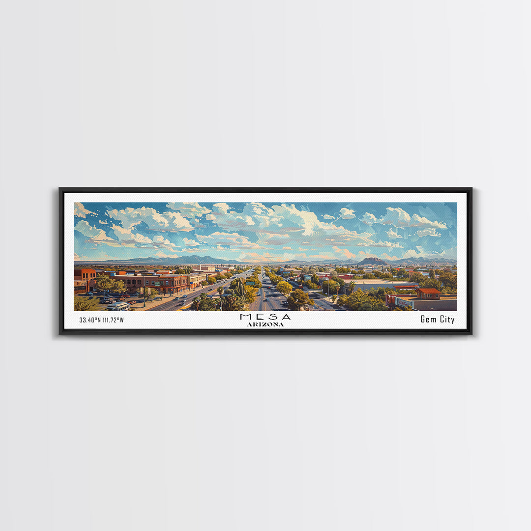 Mesa Arizona Panoramic Framed Canvas Print, Watercolor Cityscape, Perfect Office Wall Art, Travel Poster, Living Room Decor, City Wall Art