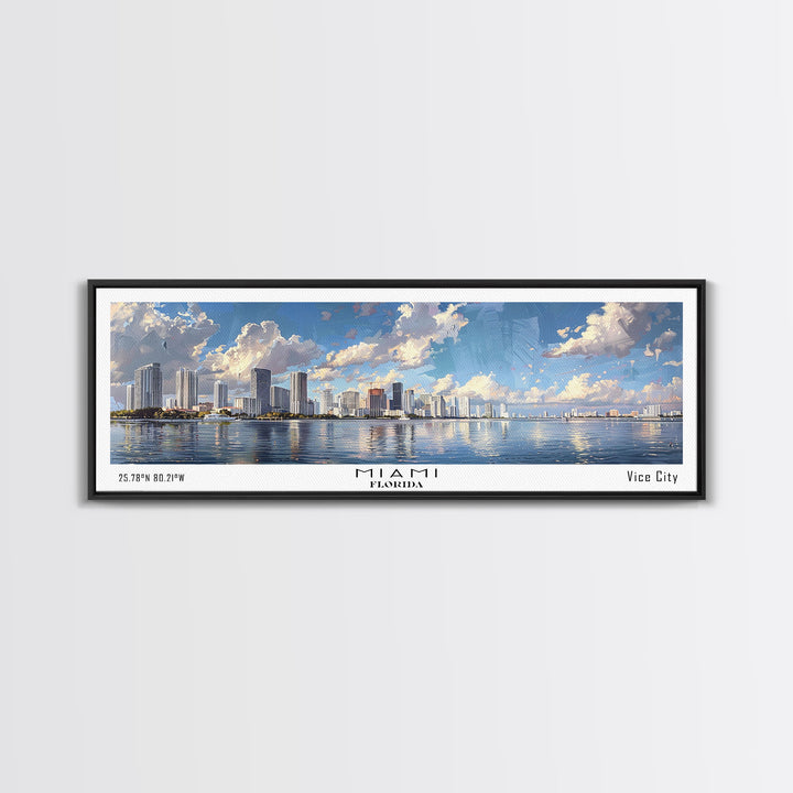 Miami Florida Panoramic Framed Canvas Print, Stunning Watercolor Cityscape, Office Wall Art, Travel Poster, Living Room Decor, City Art