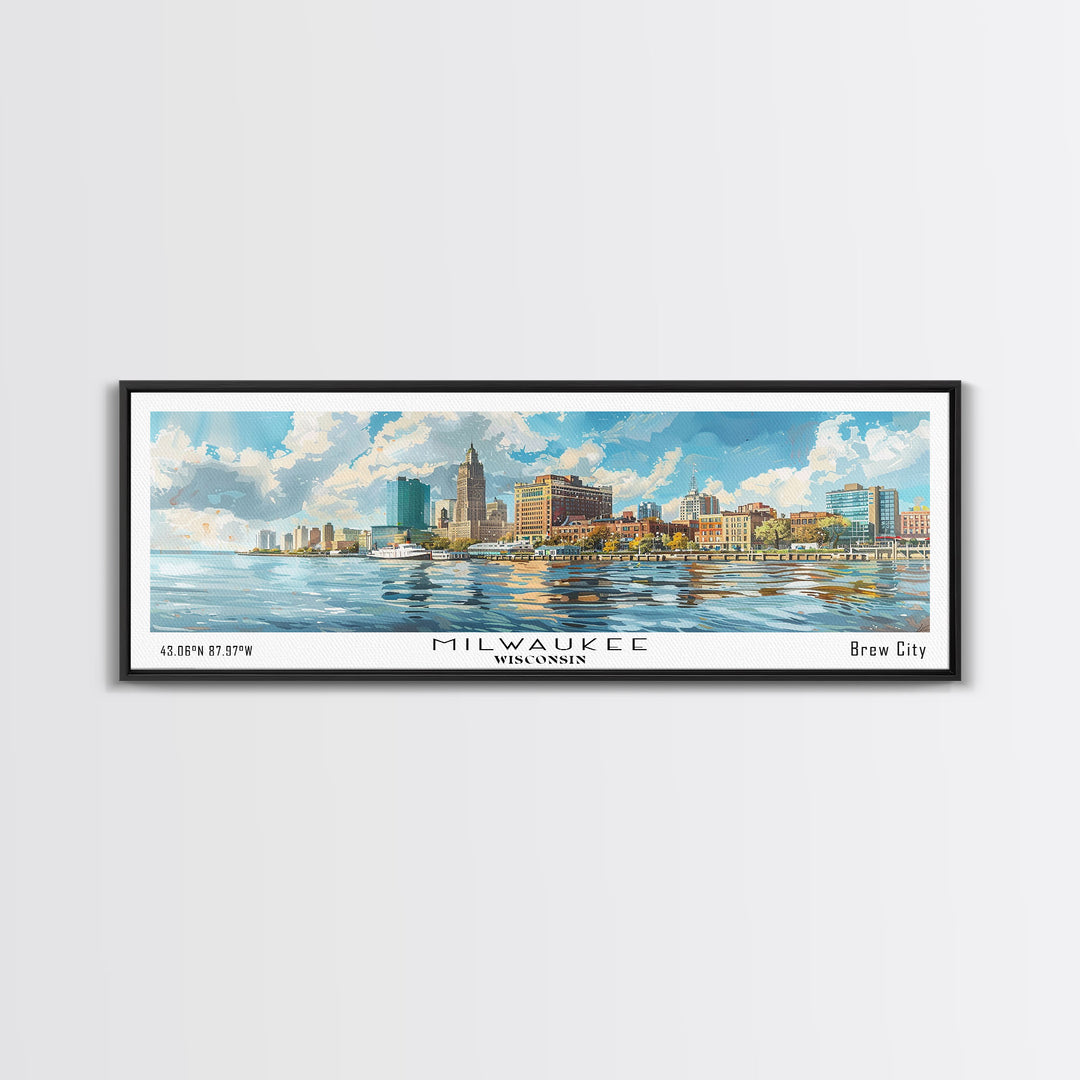 Milwaukee Wisconsin Panoramic Framed Canvas Print, Watercolor Cityscape, Perfect Office Wall Art, Travel Poster, Living Room Decor
