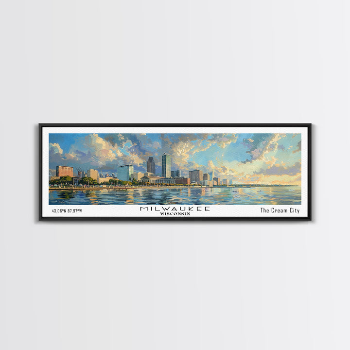 Milwaukee Wisconsin Panoramic Framed Canvas Print, Beautiful Watercolor Painting, Office Wall Art, Travel Poster, Home Decor, City Art
