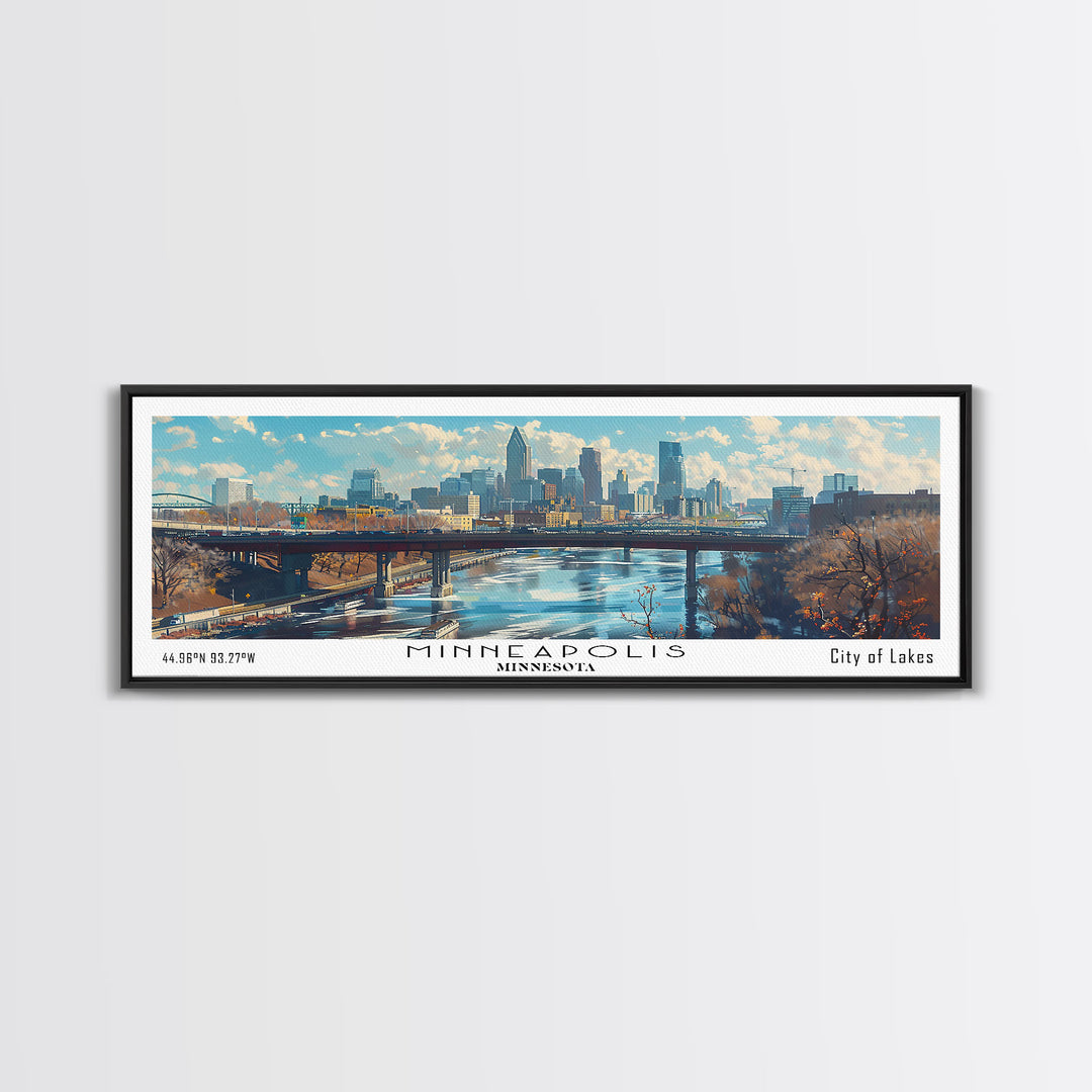 Minneapolis Minnesota Panoramic Framed Canvas Print, Stunning Watercolor City Art, Office Wall Decor, Travel Poster, Living Room Decor