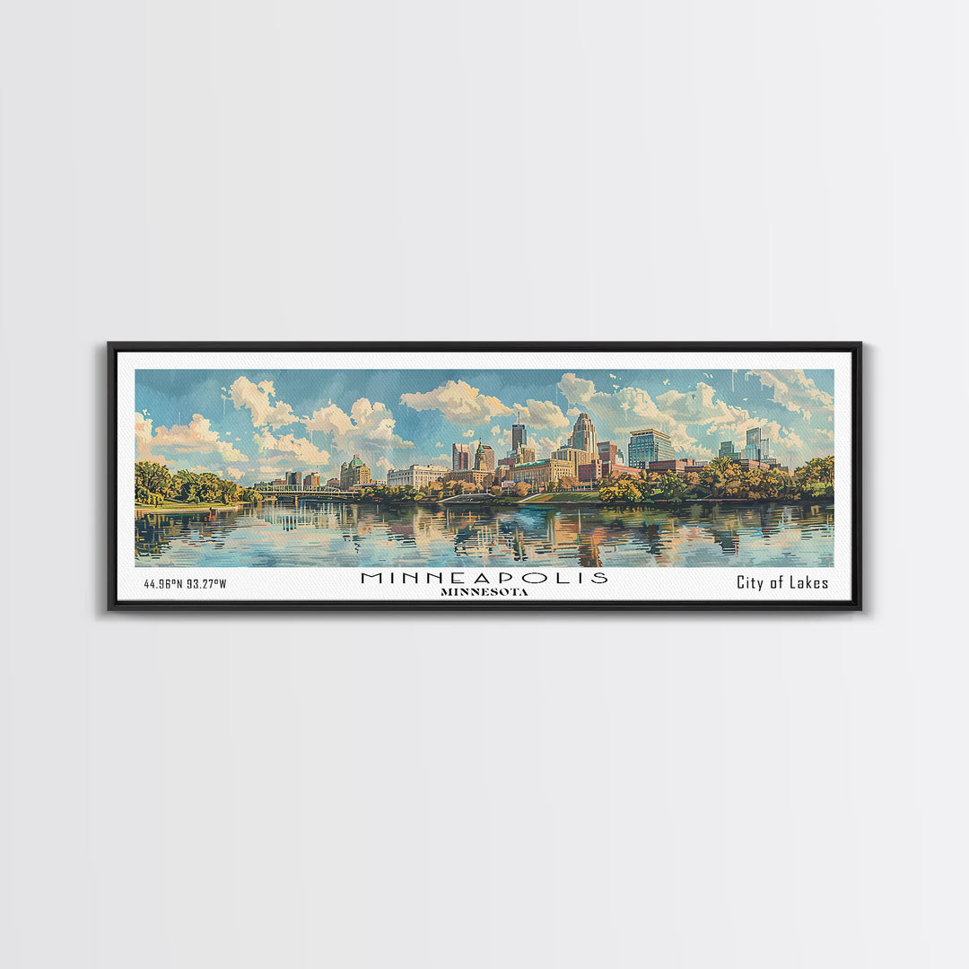 Minneapolis Minnesota Panoramic Framed Canvas Print, Watercolor Painting, Office Wall Art, Travel Poster, Home Decor, City Art