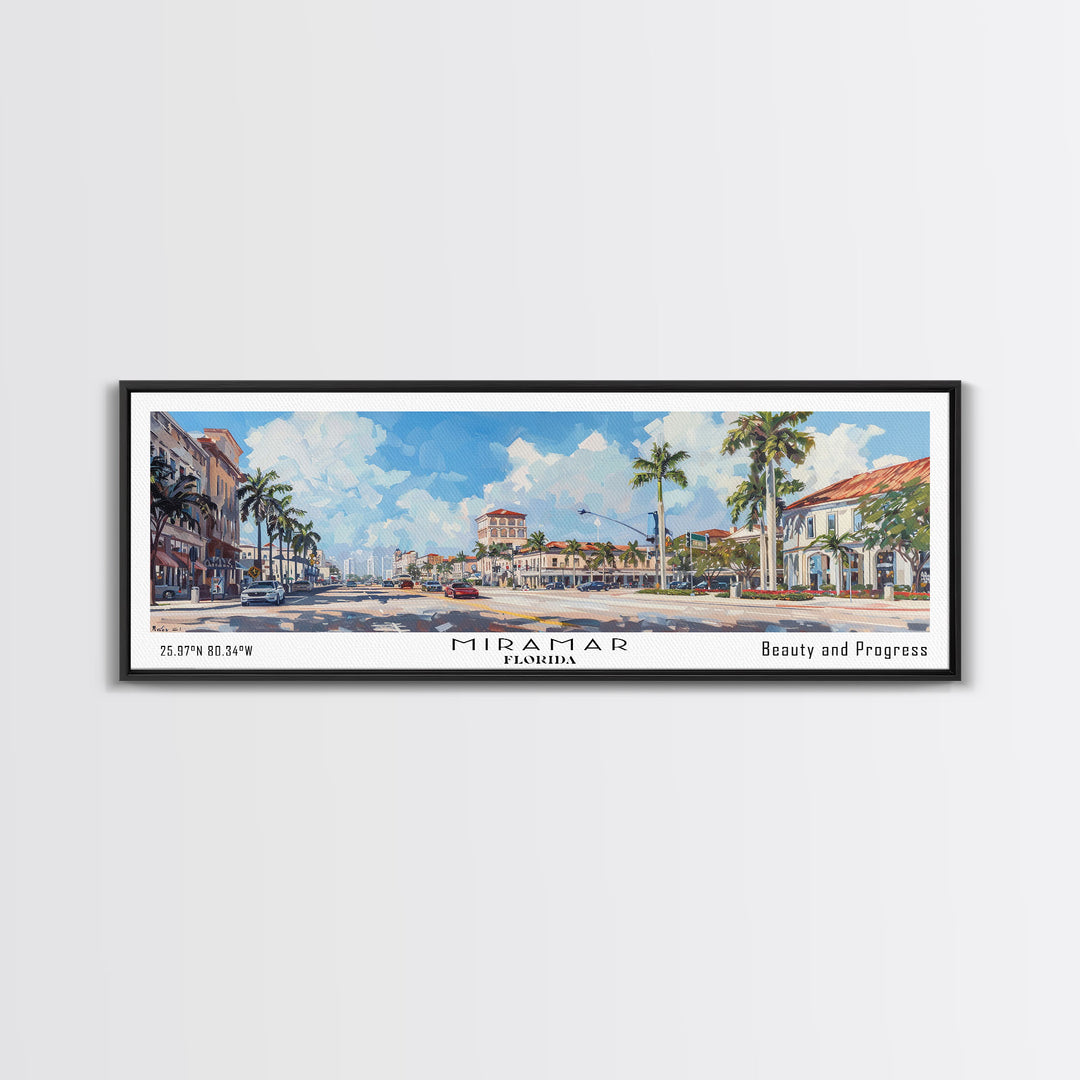 Miramar Florida Panoramic Framed Canvas Print, Beautiful Watercolor Cityscape, Office Wall Art, Travel Poster, Living Room Decor, City Art