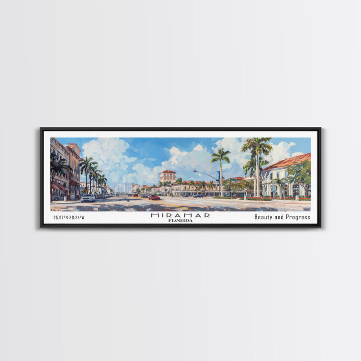 Miramar Florida Panoramic Framed Canvas Print, Beautiful Watercolor Cityscape, Office Wall Art, Travel Poster, Living Room Decor, City Art