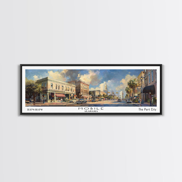 Mobile Alabama Panoramic Framed Canvas Print, Stunning Watercolor Painting, Office Wall Art, Travel Poster, Home Decor, City Art