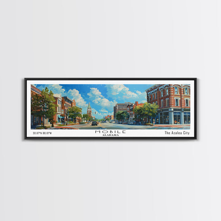 Mobile Alabama Panoramic Framed Canvas Print, Watercolor City Art, Office Wall Decor, Travel Poster, Living Room Decor, City Print
